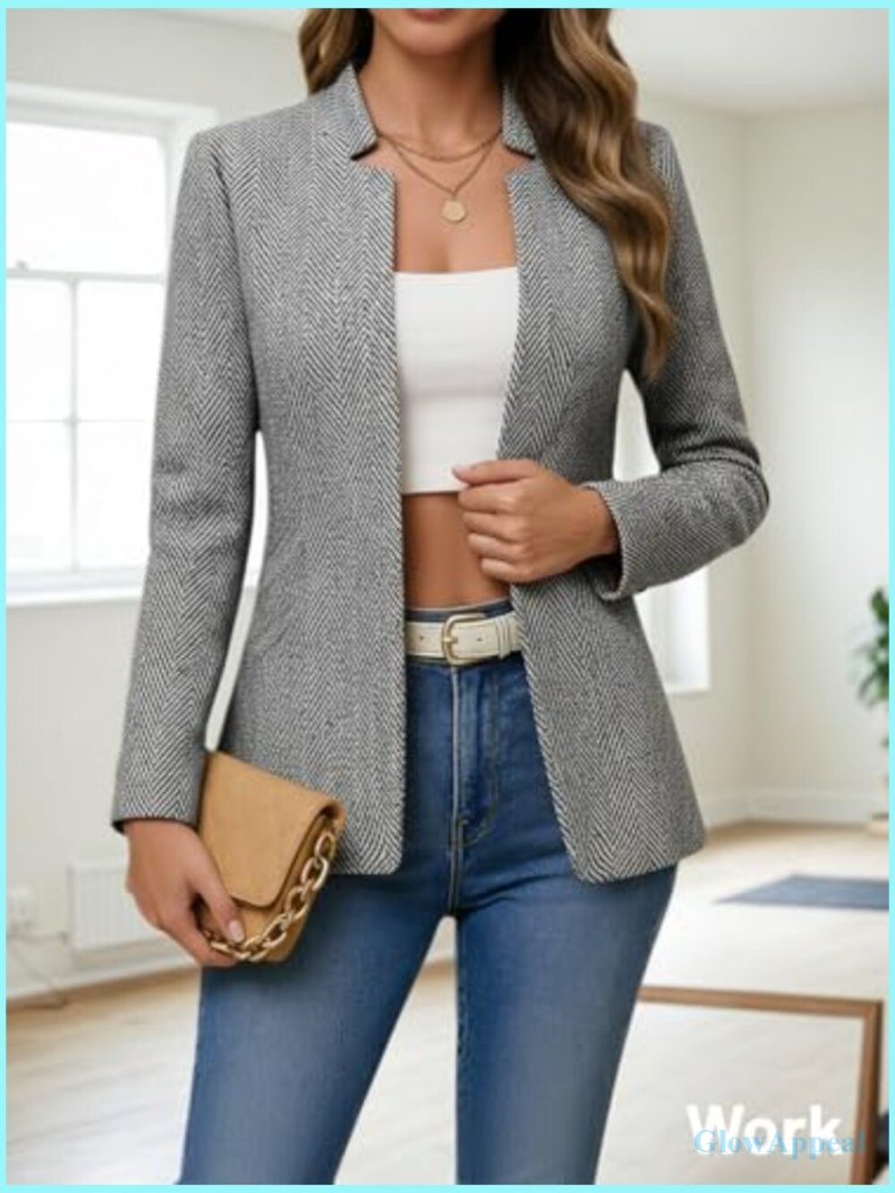 Lightweight Open Front Tweed Blazer - Plaid Stand Collar Lined Casual Work - Picture 3 of 7